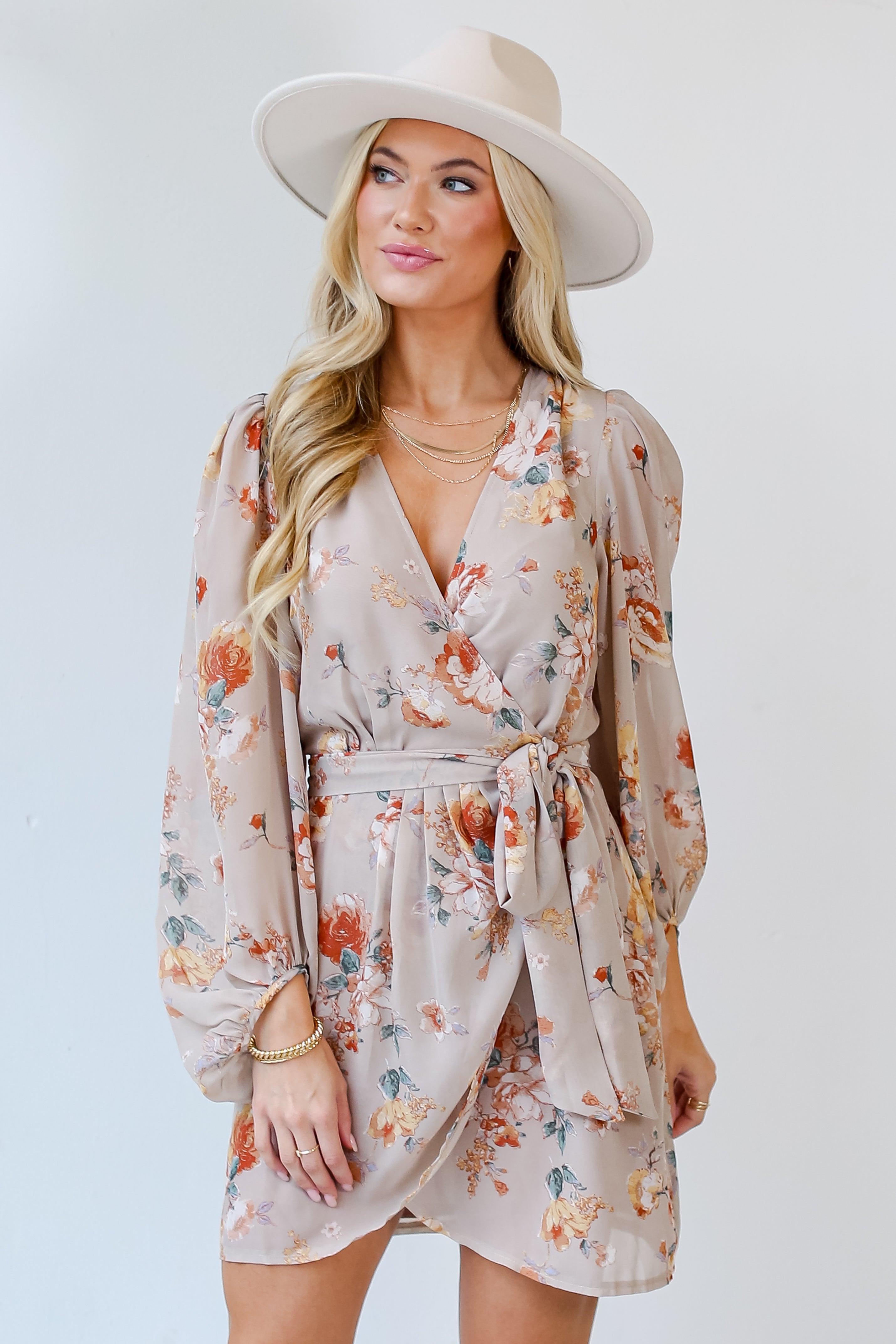 taupe Floral Wrap Mini Dress close up view