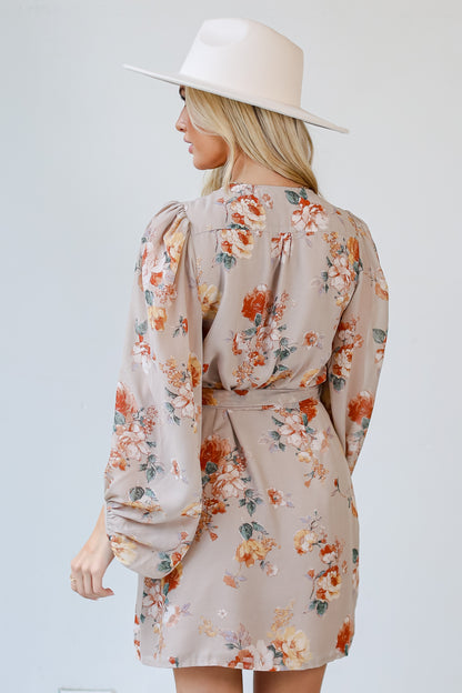 taupe Floral Wrap Mini Dress back view