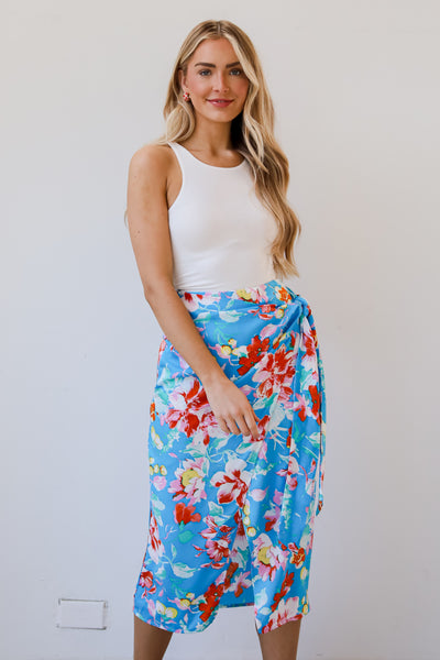 Tropical Sun Blue Floral Wrap Midi Skirt
