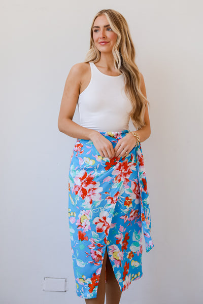 Tropical Sun Blue Floral Wrap Midi Skirt vacation outfits