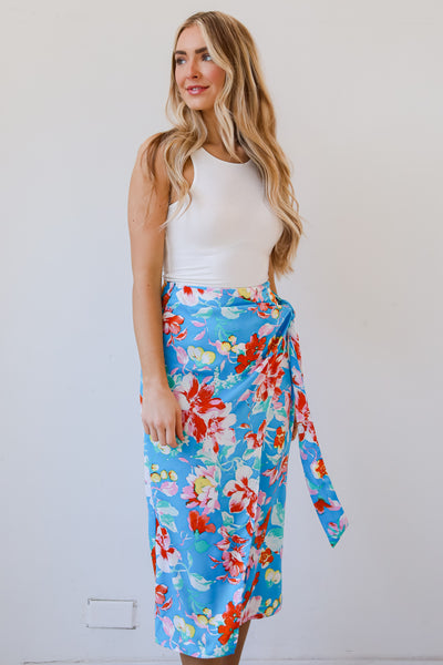 Tropical Sun Blue Floral Wrap Midi Skirt beach vacation outfits