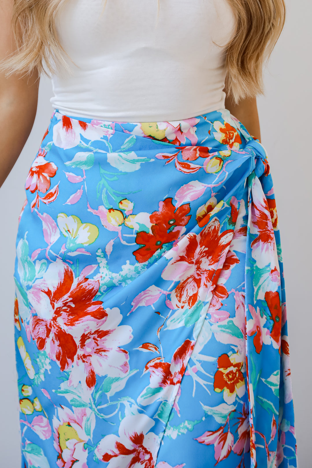 Tropical Sun Blue Floral Wrap Midi Skirt beach outfits
