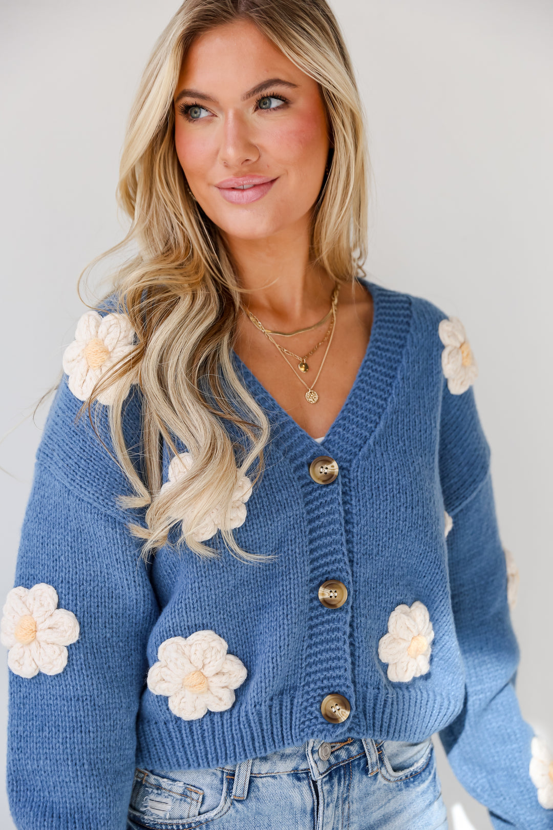 blue Floral Sweater Cardigan for women