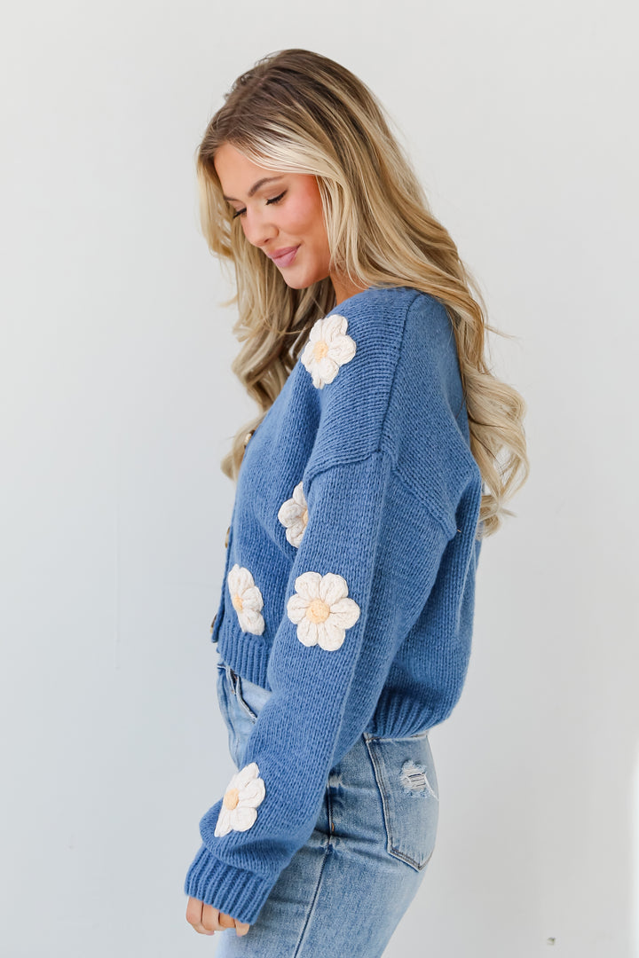 blue Floral Sweater Cardigan side view