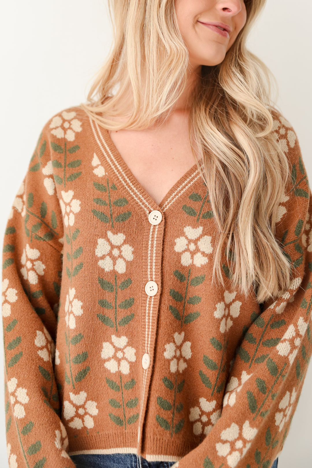 Promising Style Camel Oversized Floral Sweater Cardigan