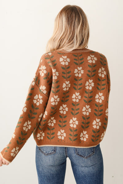 Camel Oversized Floral Sweater Cardigan back view