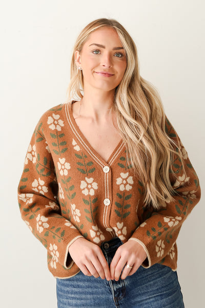 Camel Oversized Floral Sweater Cardigan front view