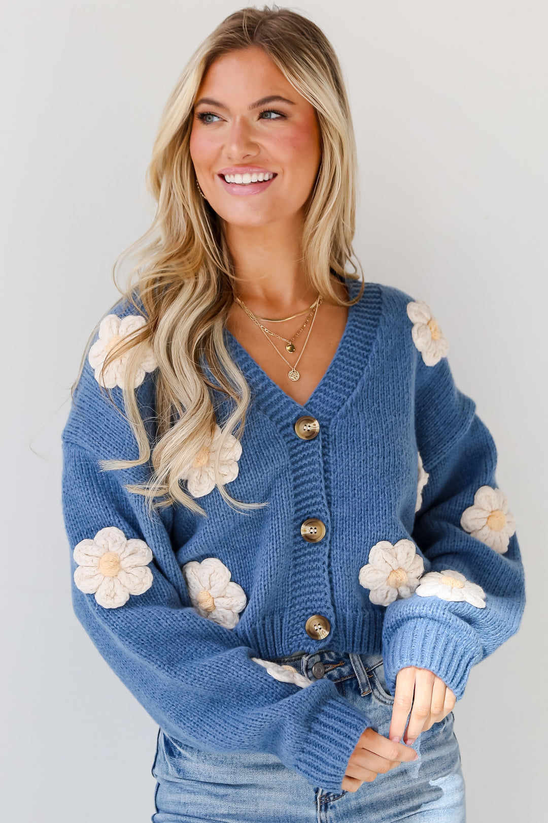 blue Floral Sweater Cardigan on model