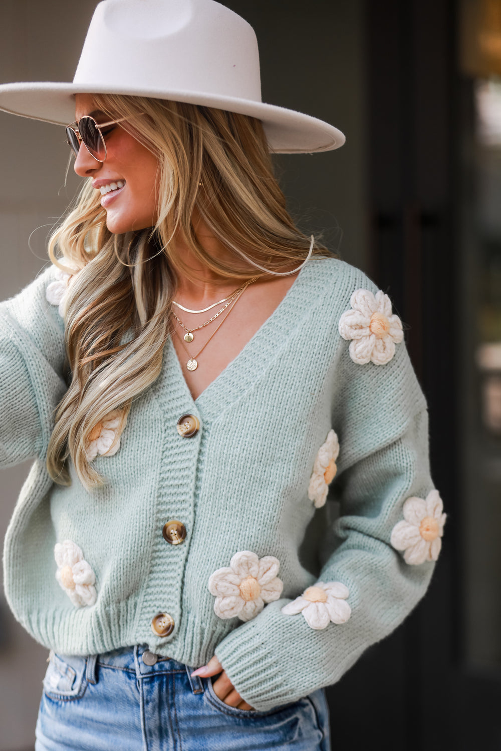 cute mint Floral Sweater Cardigan