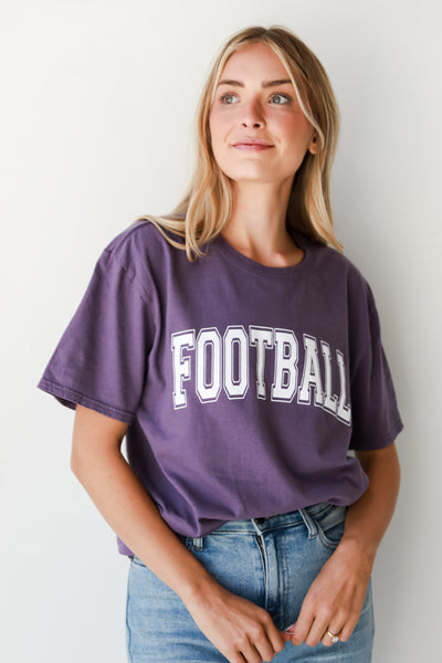 purple Football Tee on model