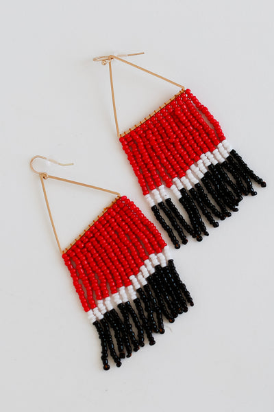 Red + Black Beaded Fringe Earrings