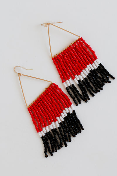 Red + Black Beaded Fringe Earrings flat lay