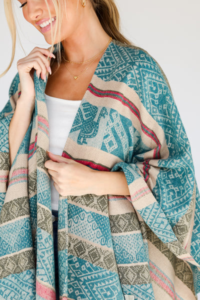 teal fringe shawl for women