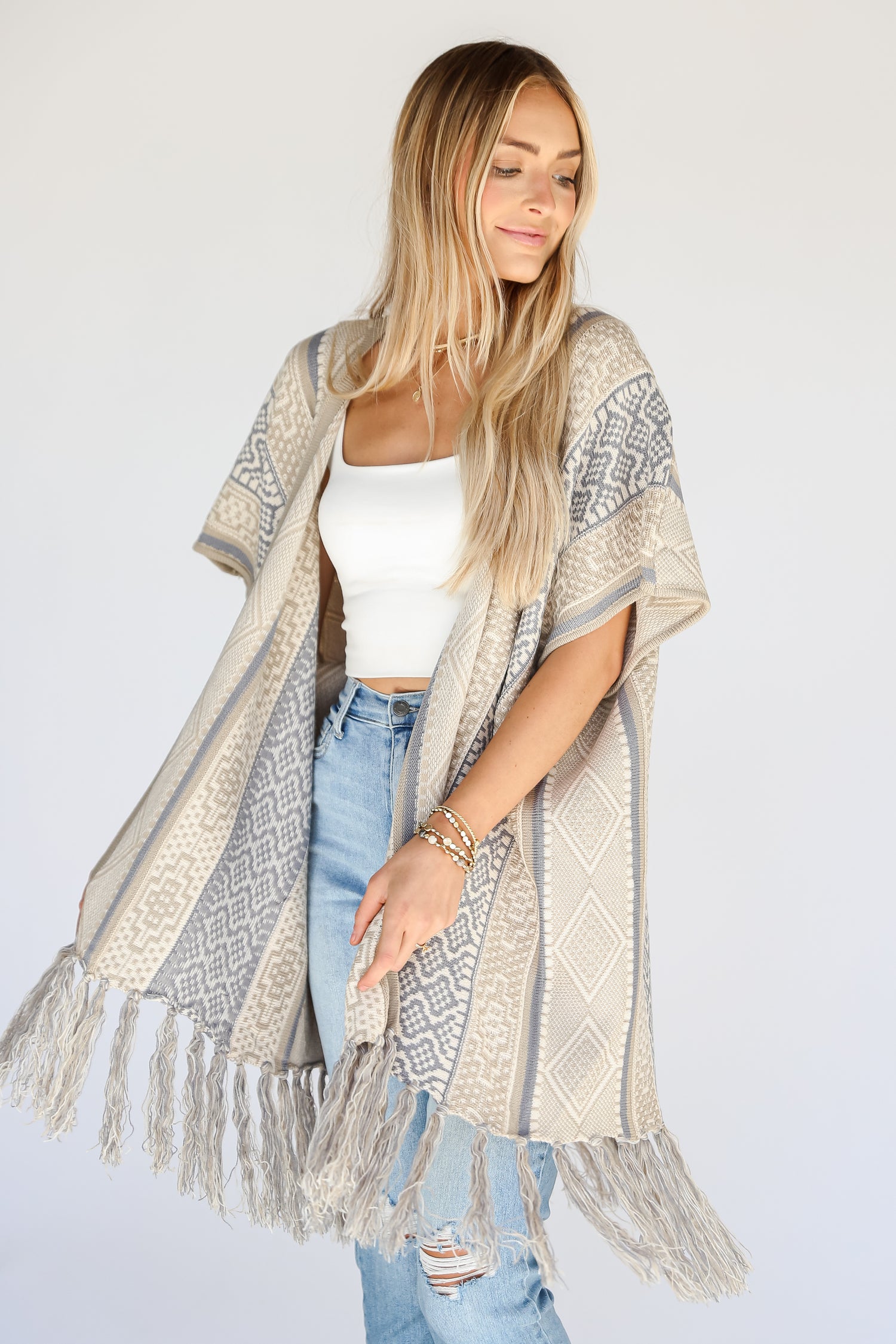 Beige Fringe Cardigan on model