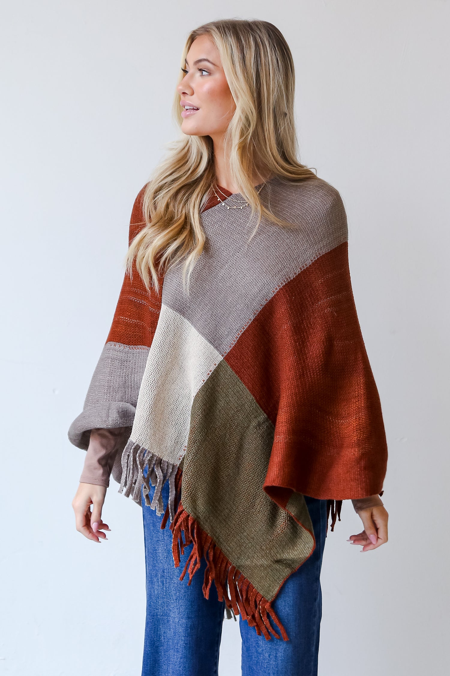 Color Block Poncho on model