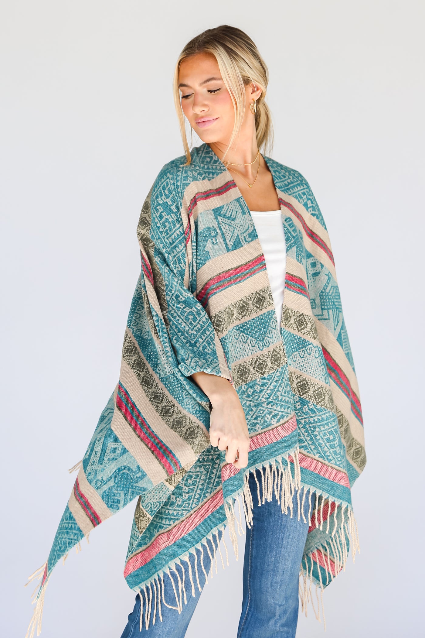lightweight teal fringe shawl