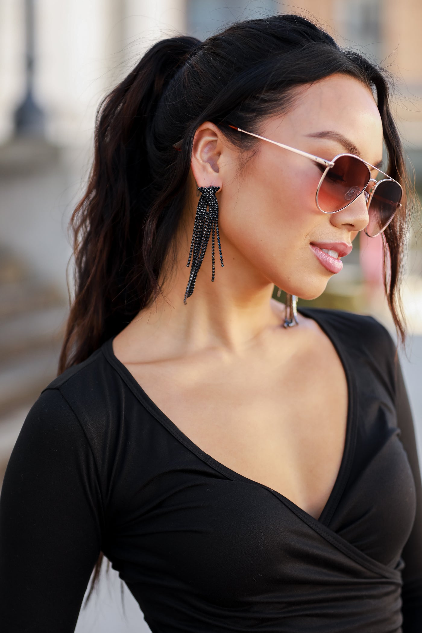 Black Rhinestone Fringe Earrings on model