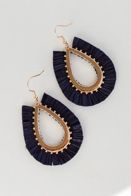 navy blue Fringe Teardrop Earrings flat lay