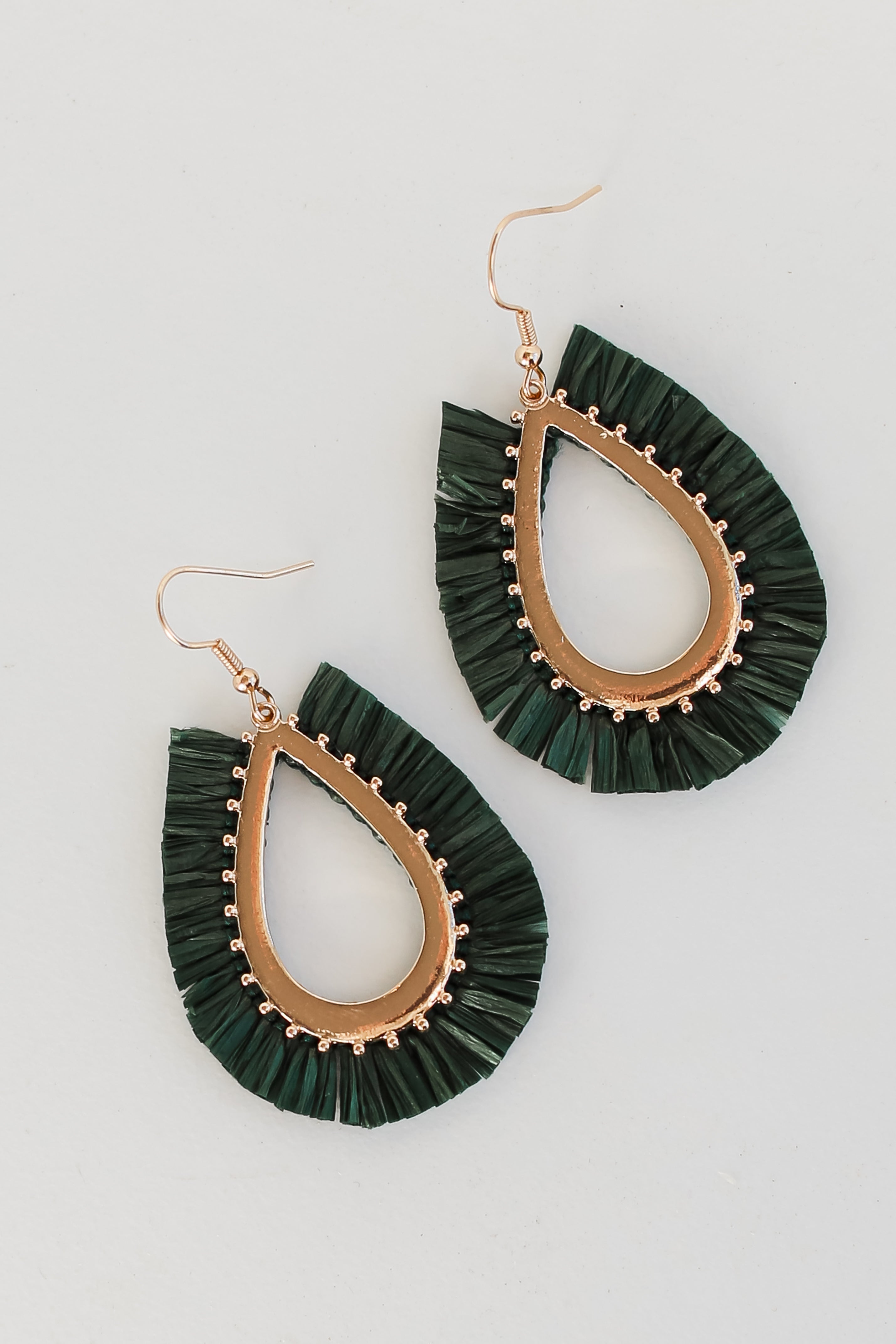 hunter green Fringe Teardrop Earrings close up