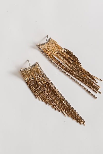 Gold Rhinestone Fringe Earrings flat lay