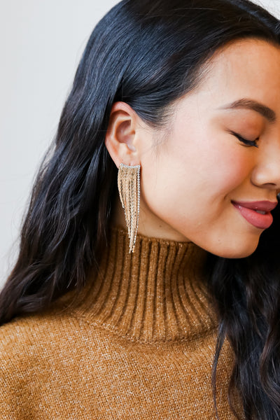 Gold Rhinestone Fringe Earrings on dress up model