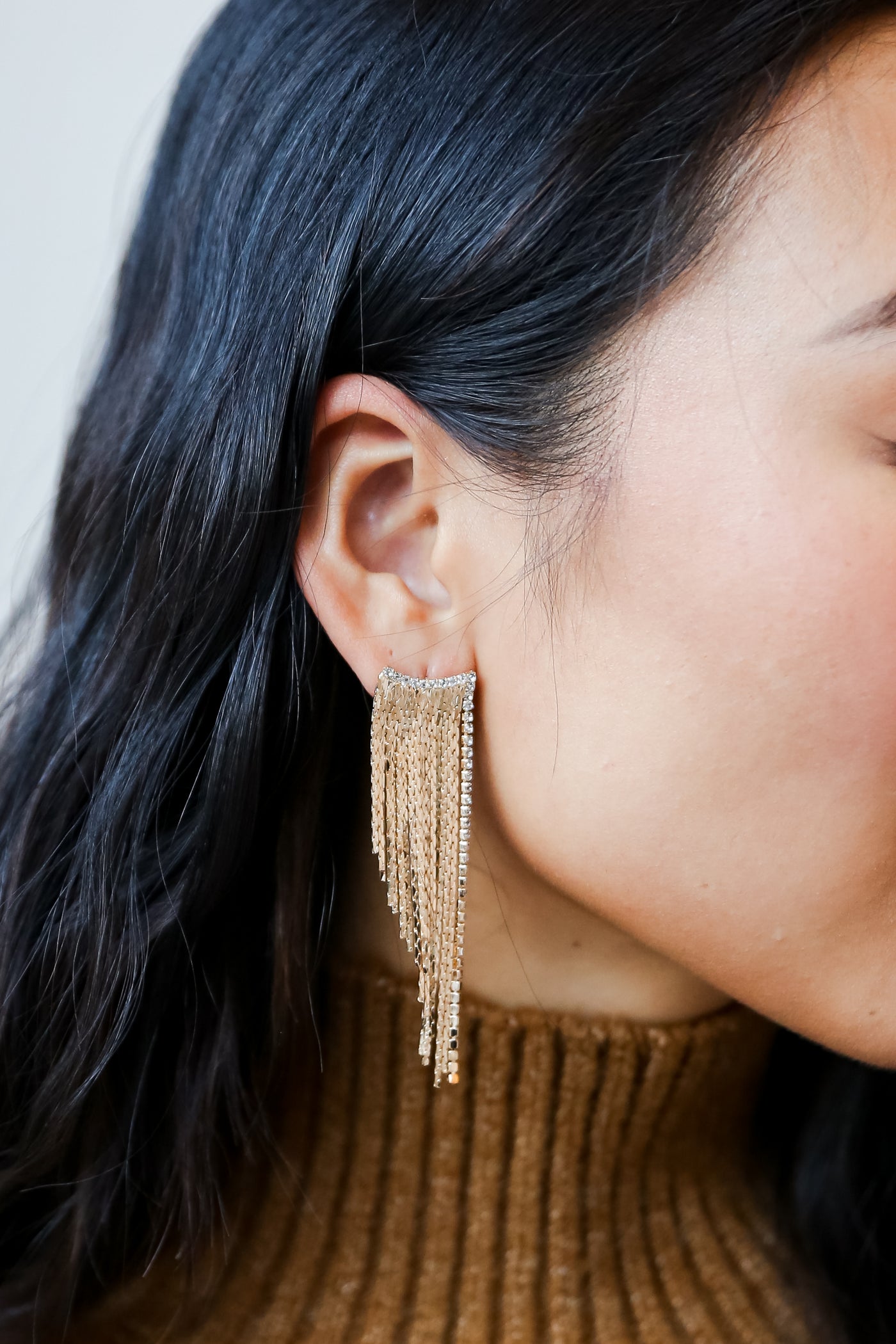 Gold Rhinestone Fringe Earrings on model