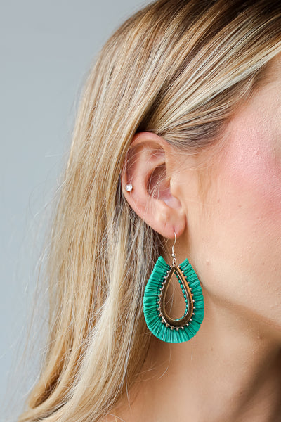kelly green Fringe Teardrop Earrings on model