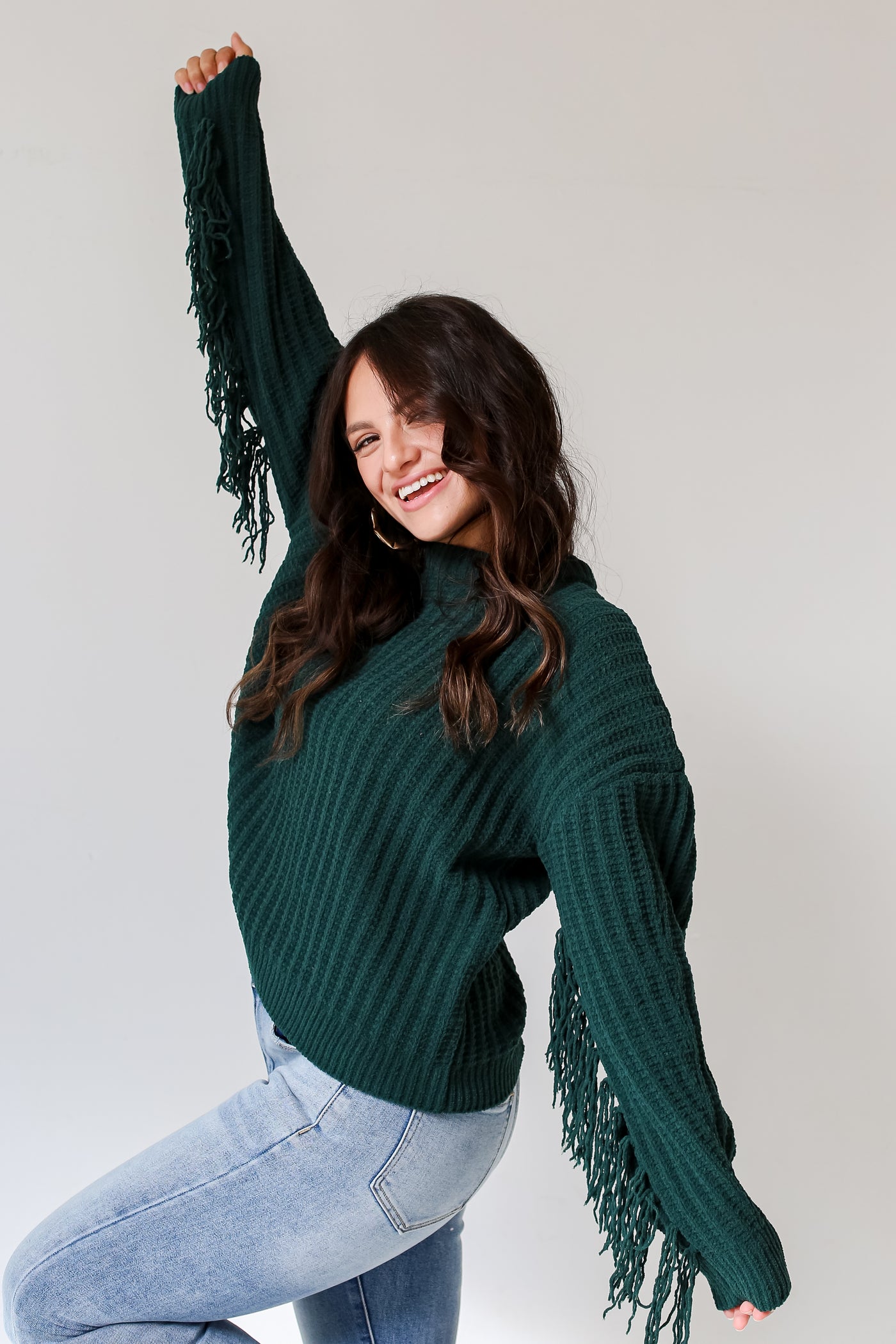 green fringe chenille sweater