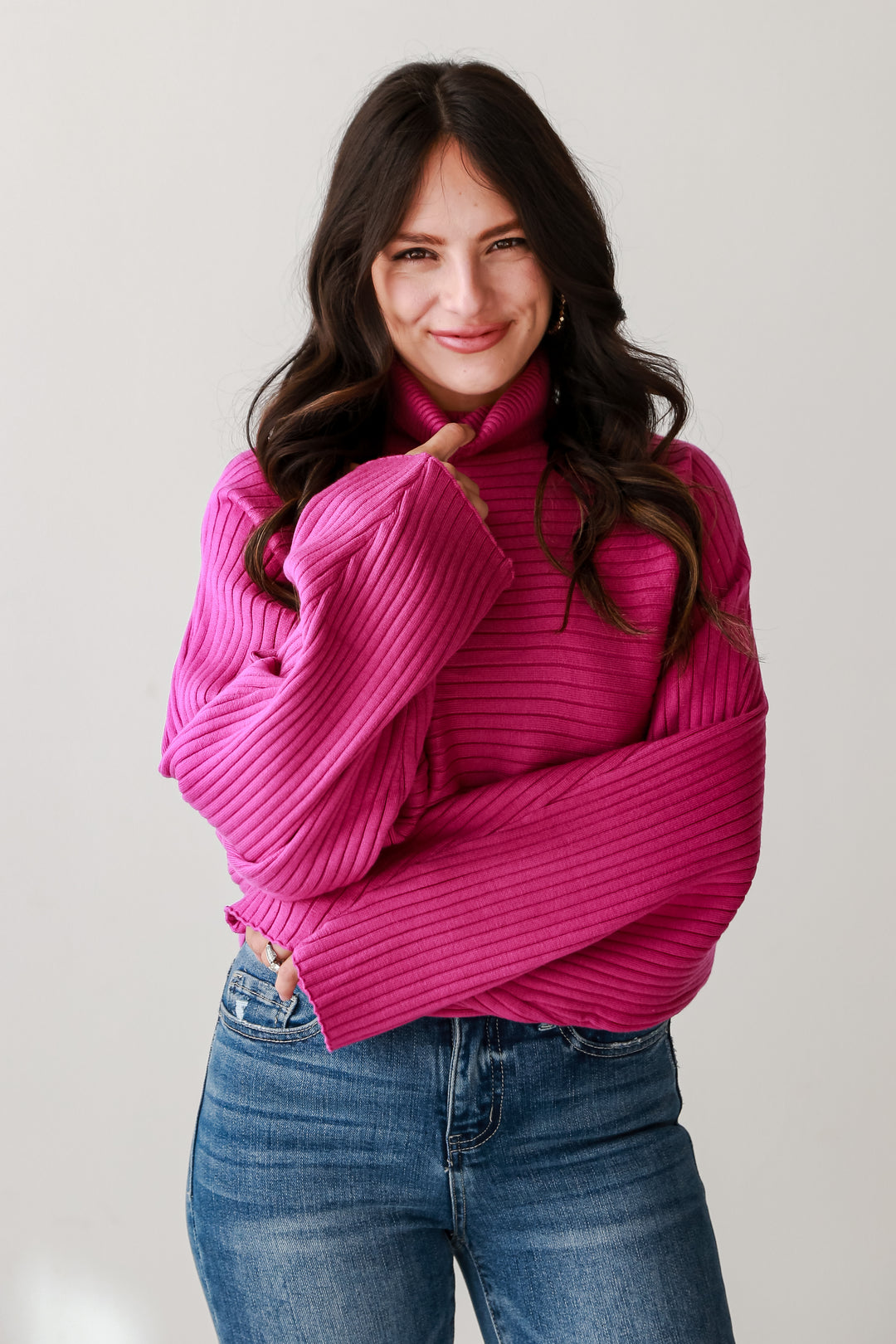 cute Fuchsia Ribbed Turtleneck Sweater