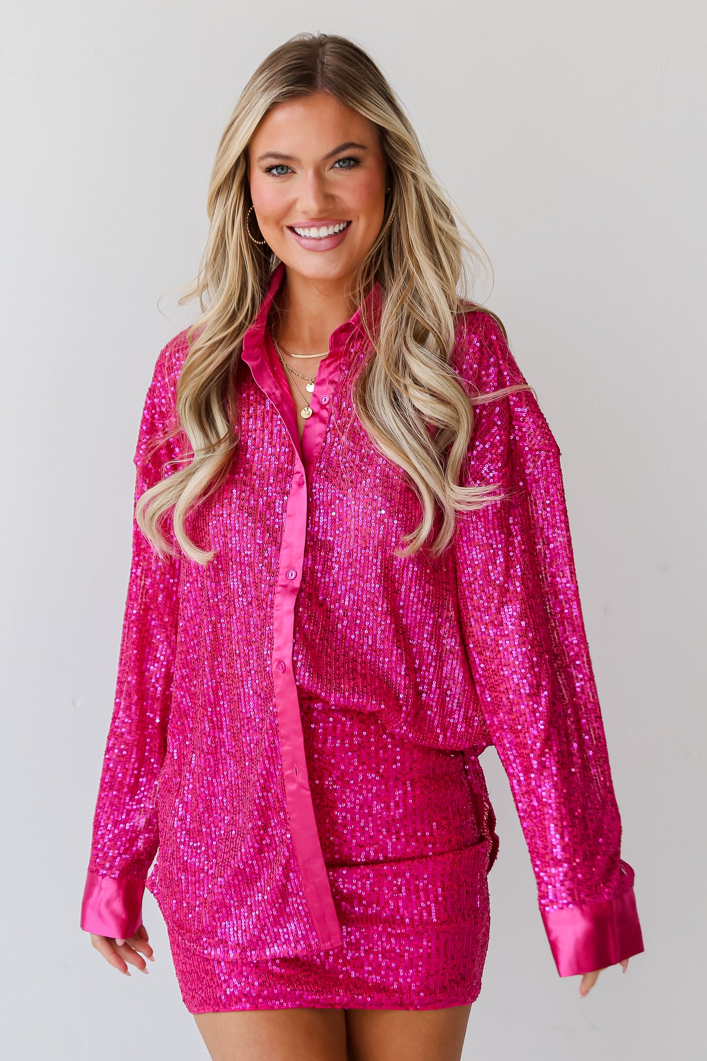 Hot Pink Sequin Button-Up Blouse close up