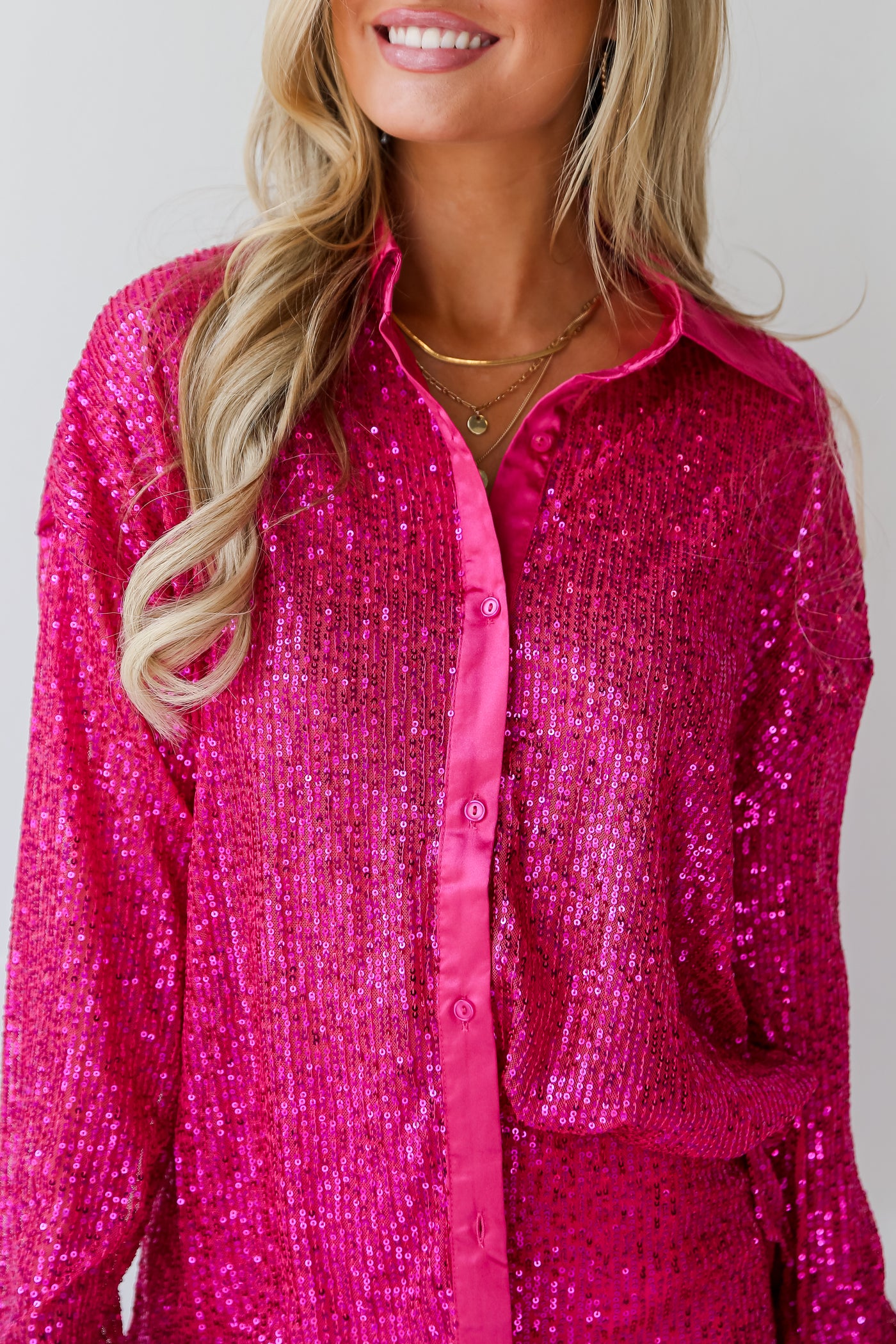 cute Hot Pink Sequin Button-Up Blouse