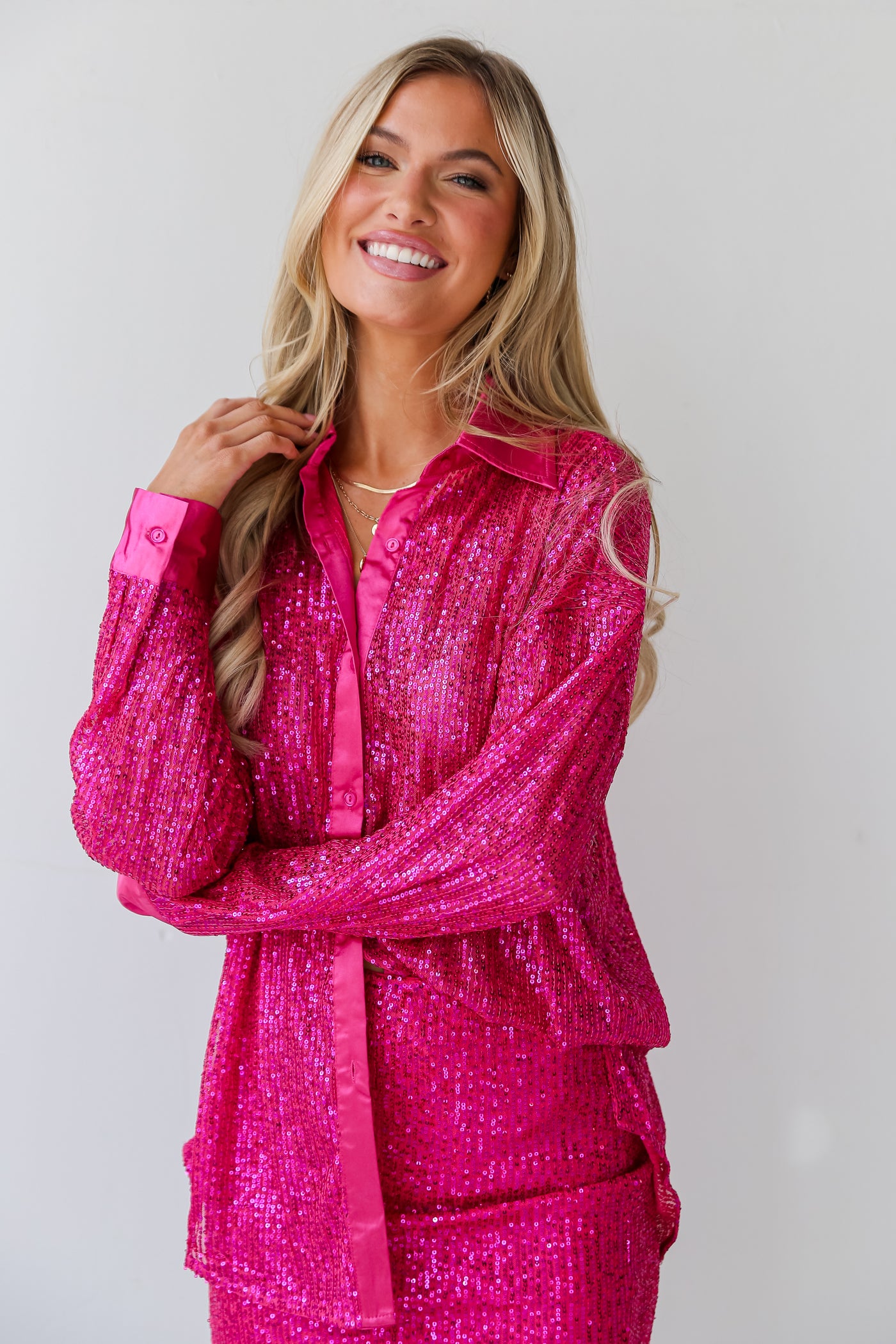 Hot Pink Sequin Button-Up Blouse on model