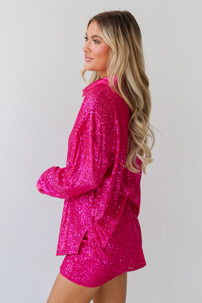sparkly Hot Pink Sequin Button-Up Blouse