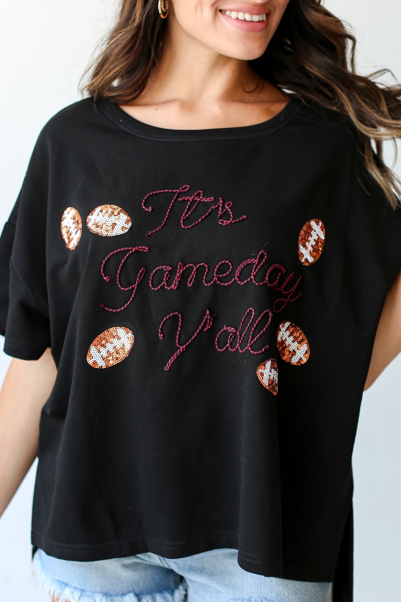 It's Game Day Y'all Sequin Football Tee on model