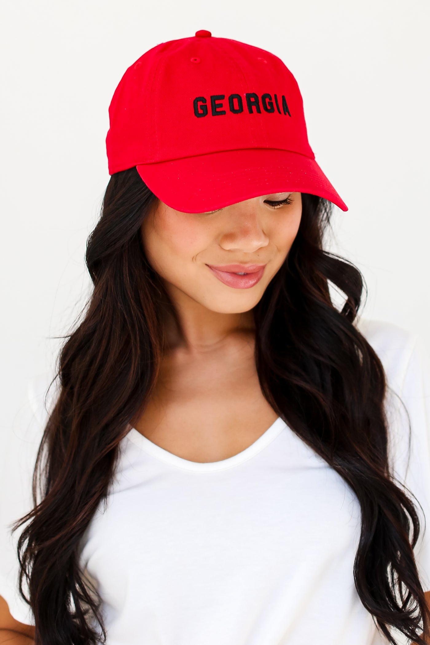 red Georgia Embroidered Hat on model