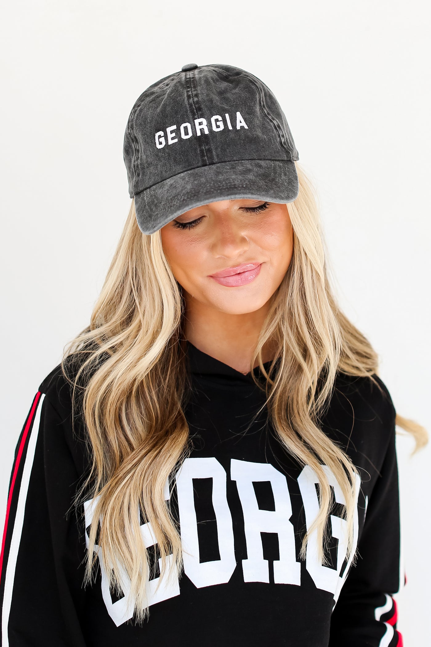 black Georgia Embroidered Hat on model