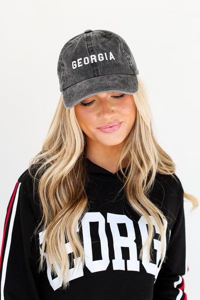 black Georgia Embroidered Hat on model