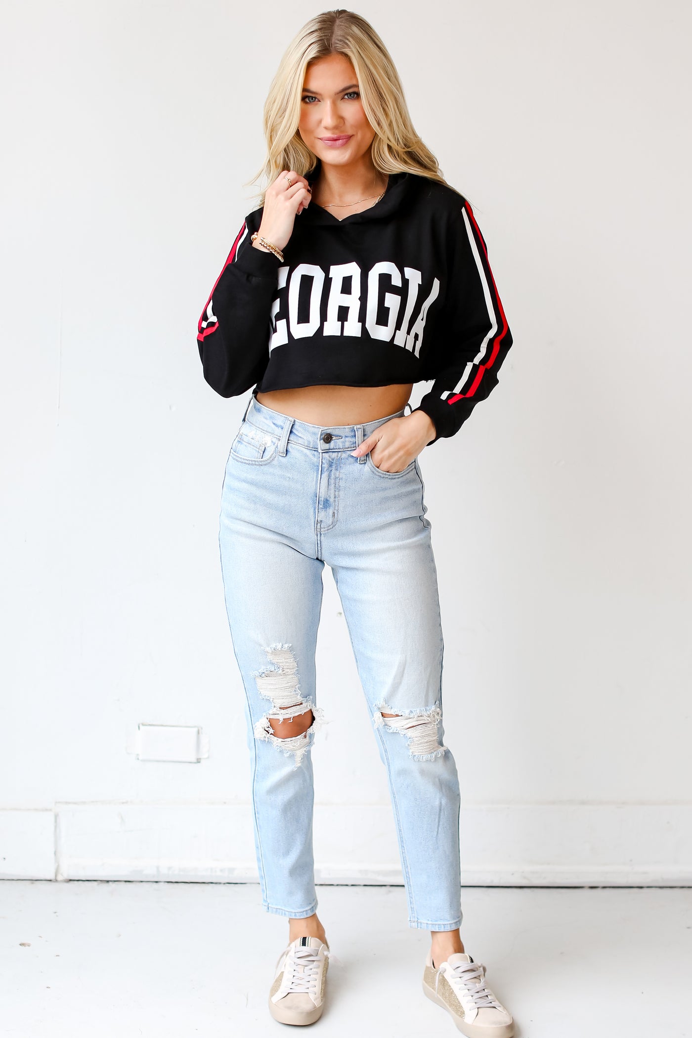 Black Georgia Cropped Hoodie with light wash jeans