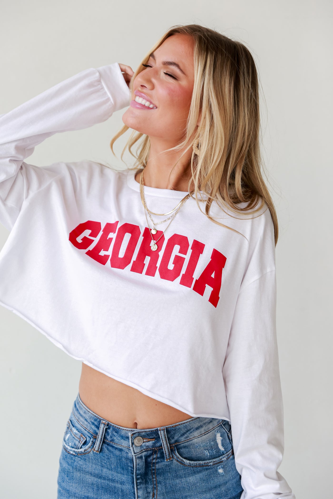 White Georgia Long Sleeve Cropped Tee on model