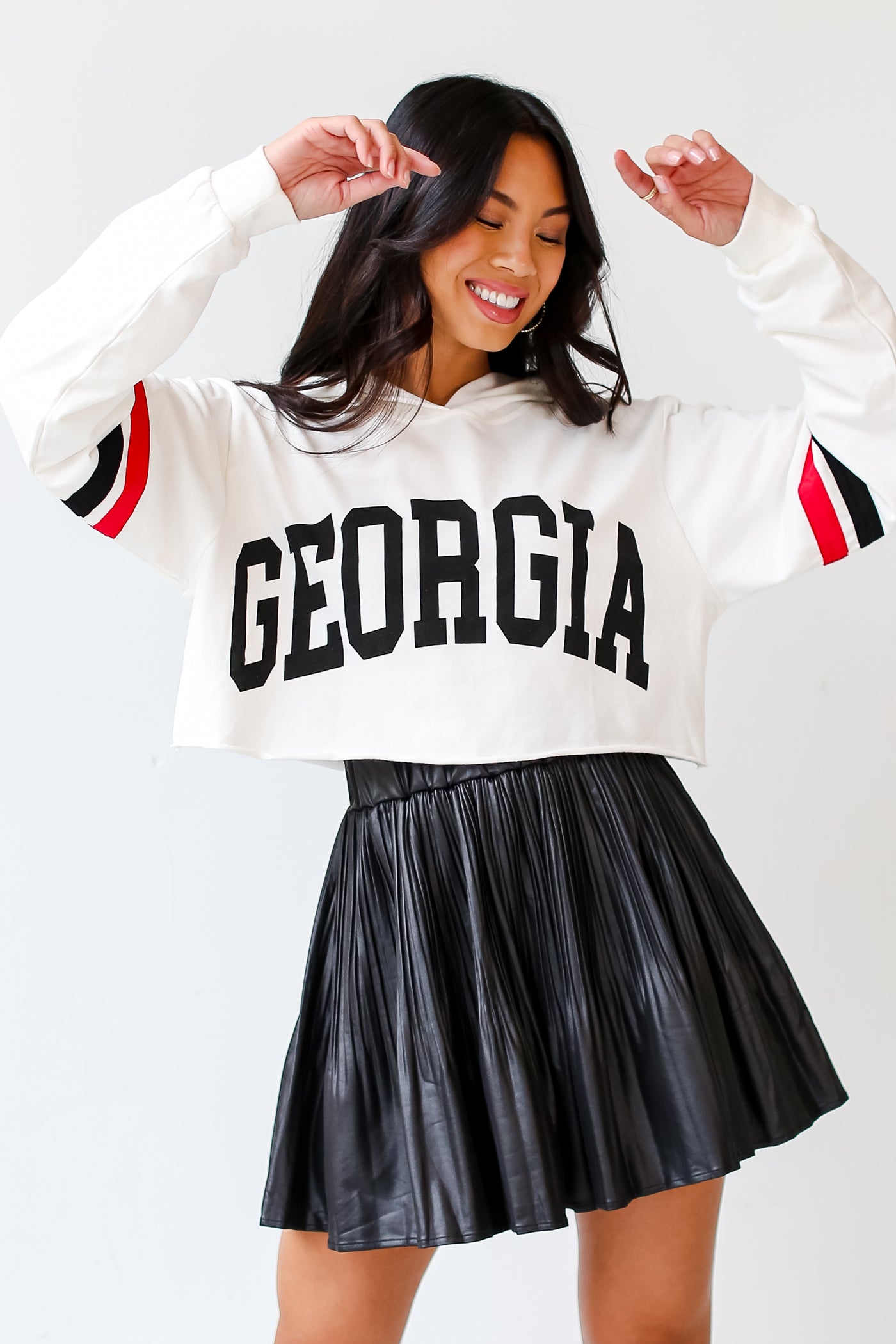 Ivory Georgia Cropped Hoodie front view on model