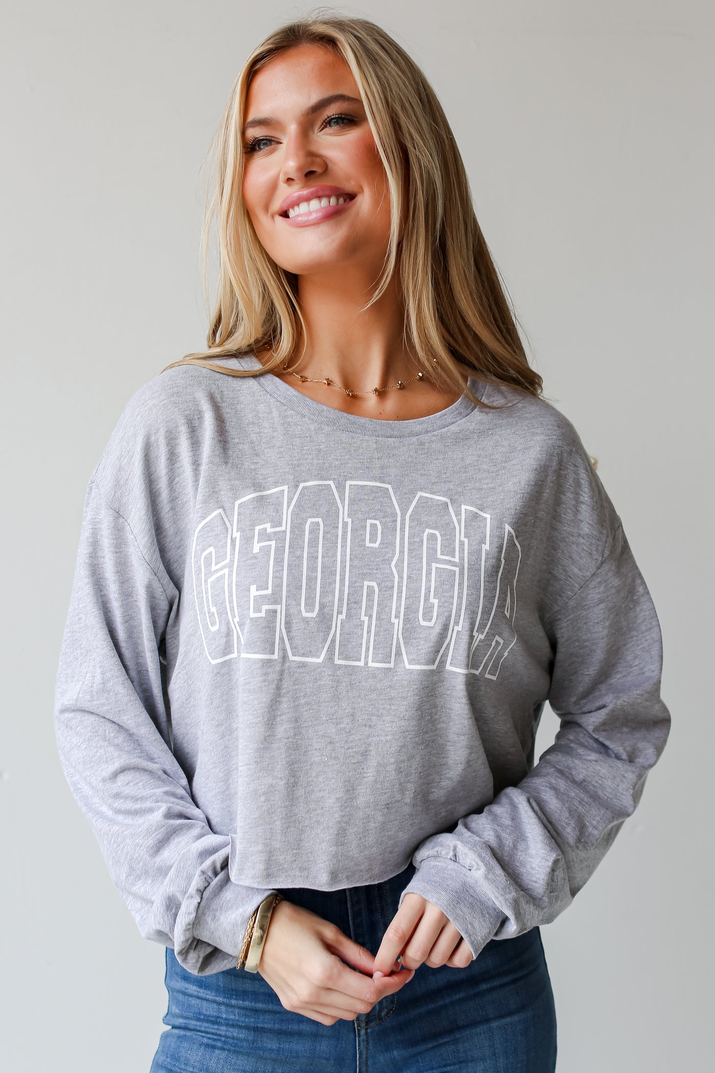 Heather Grey Georgia Cropped Long Sleeve Tee front view