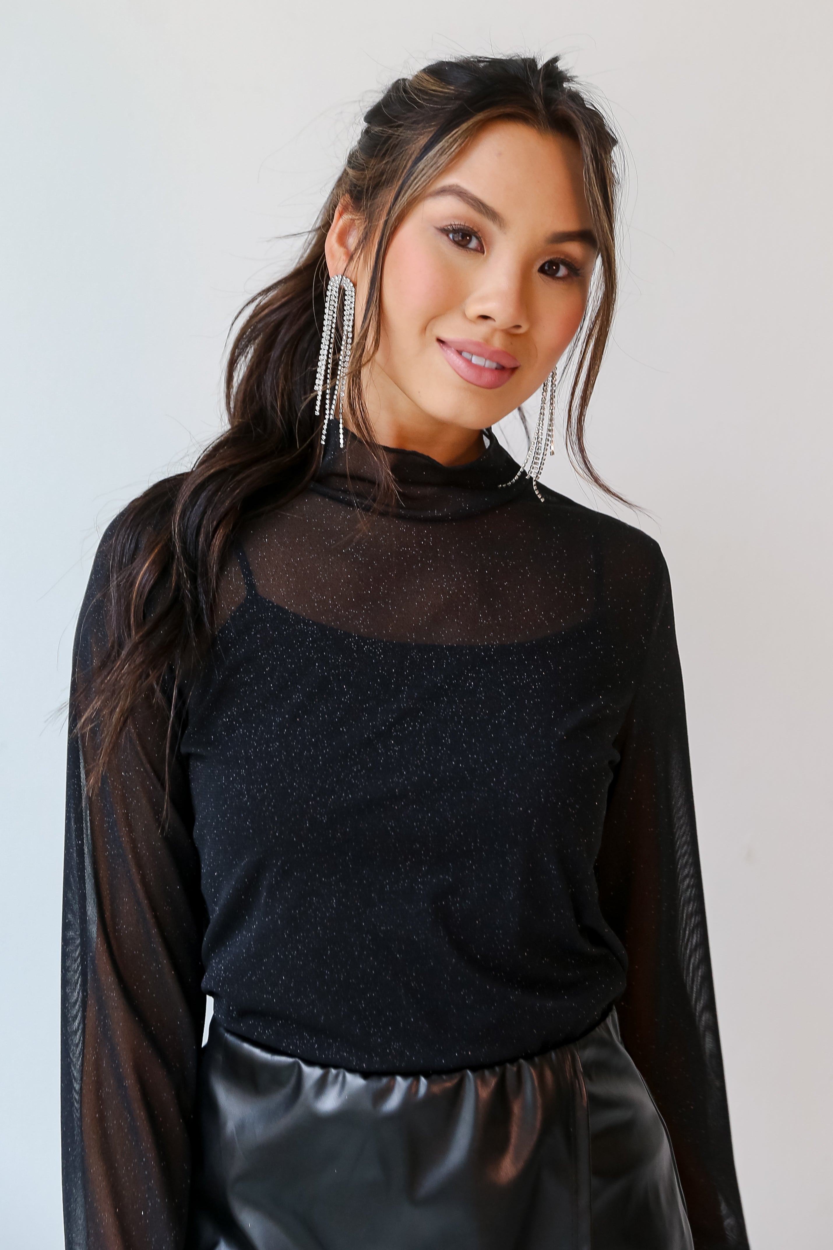 black Glitter Mock Neck Top