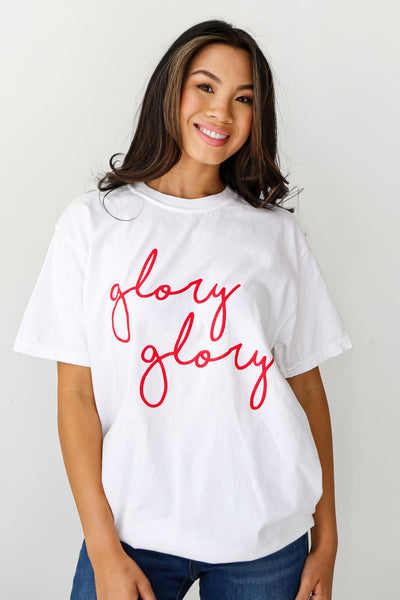 White Glory Glory Script Tee front view