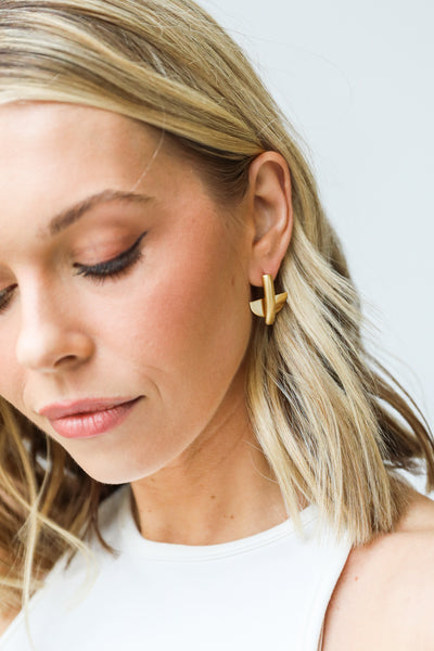 Gold Abstract Earrings on model