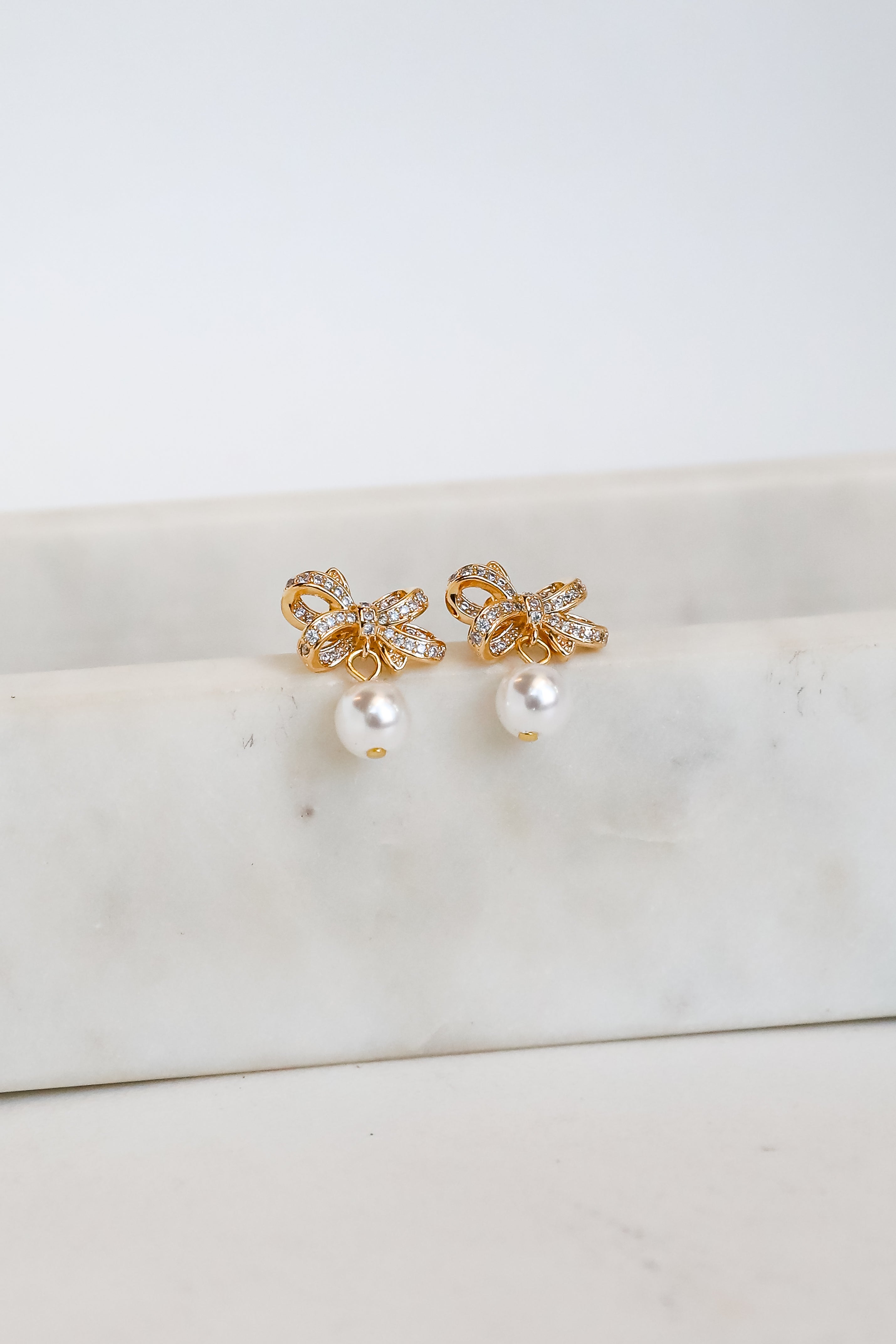 Harlow Gold Rhinestone Pearl Bow Earrings