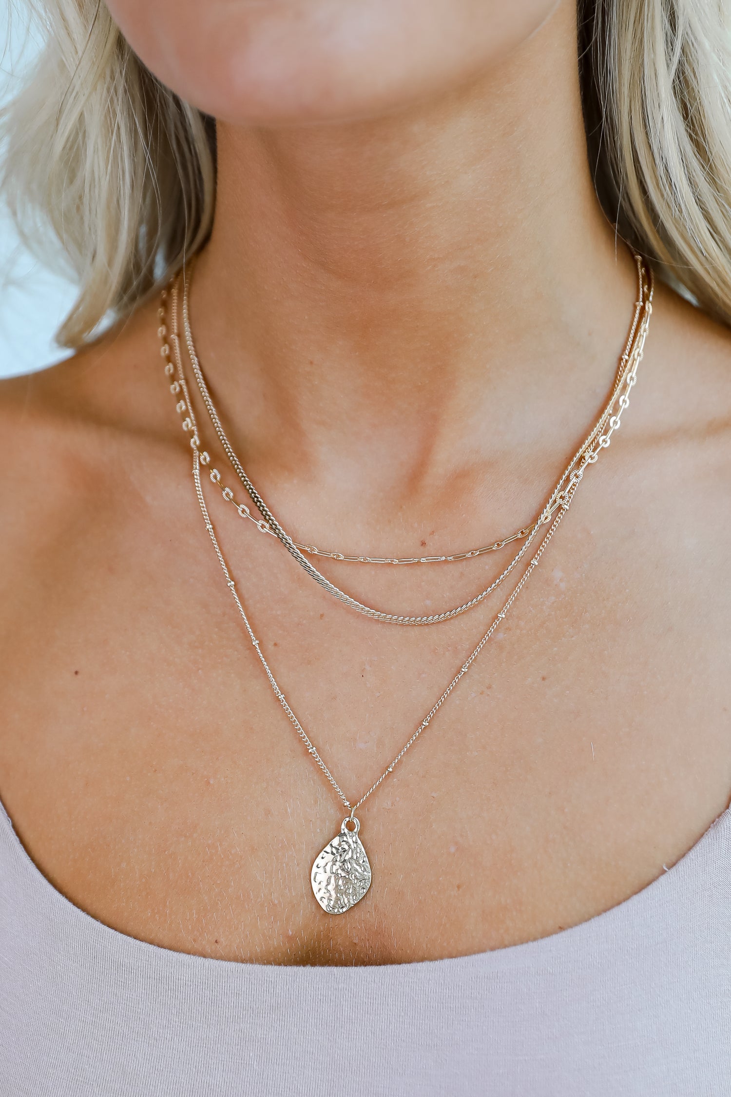 Gia Gold Hammered Charm Layered Chain Necklace