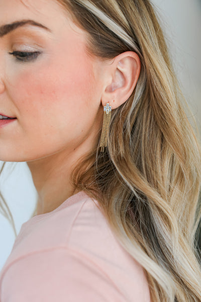 Gold Rhinestone Beaded Fringe Earrings on dress up model