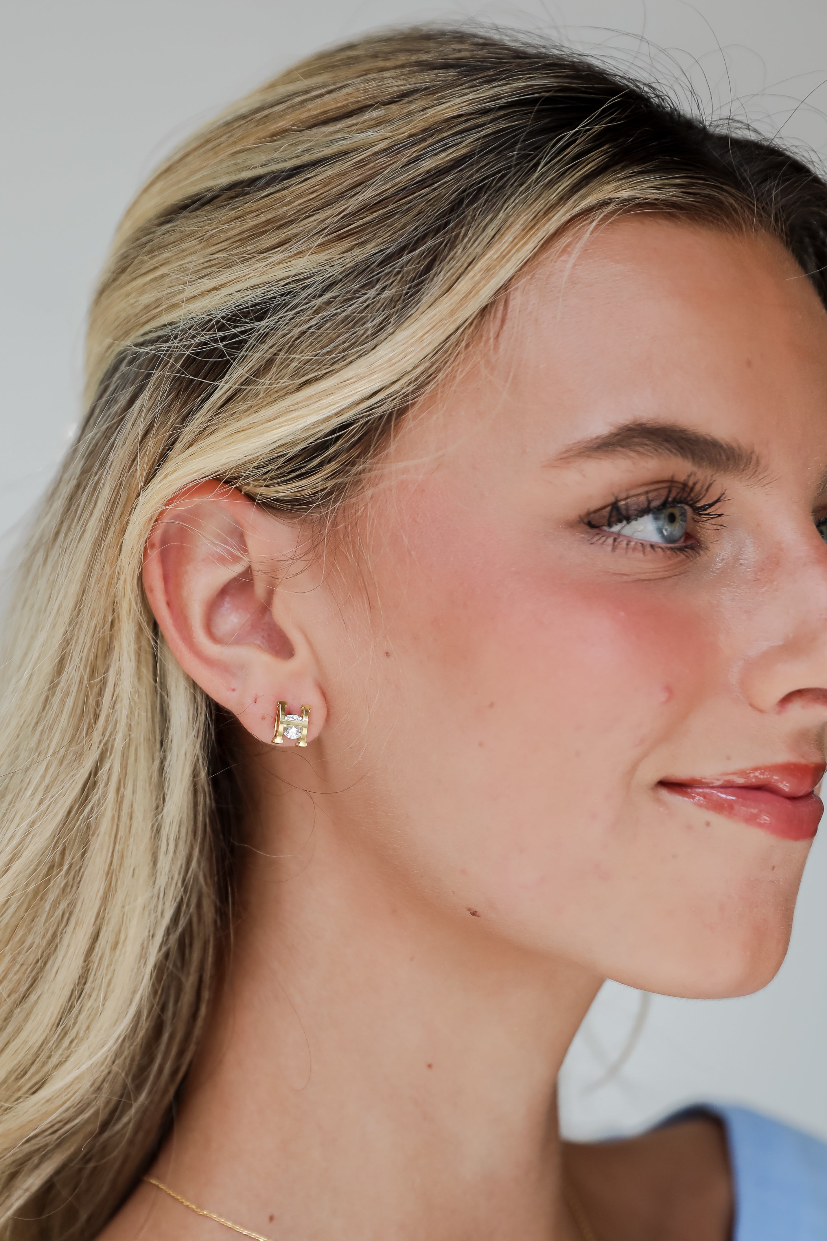 Hayley Gold &quot;H&quot; Rhinestone Stud Earrings