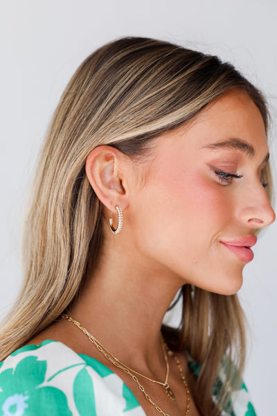 Gold Pearl Hoop Earrings on model