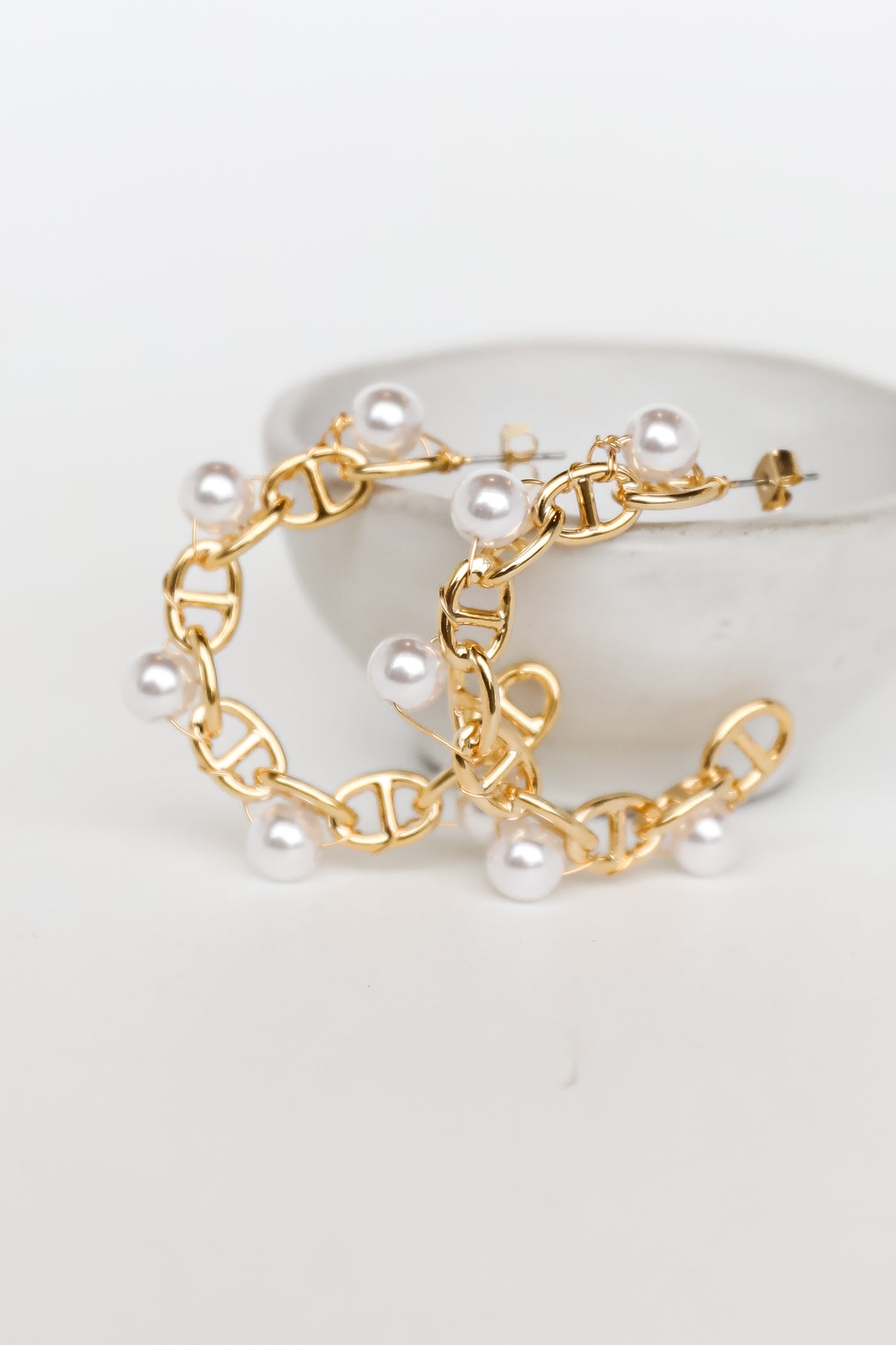 Gold Pearl Chainlink Hoop Earrings close up